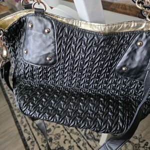 Black Quilted Shoulder Bag with Gold Trim